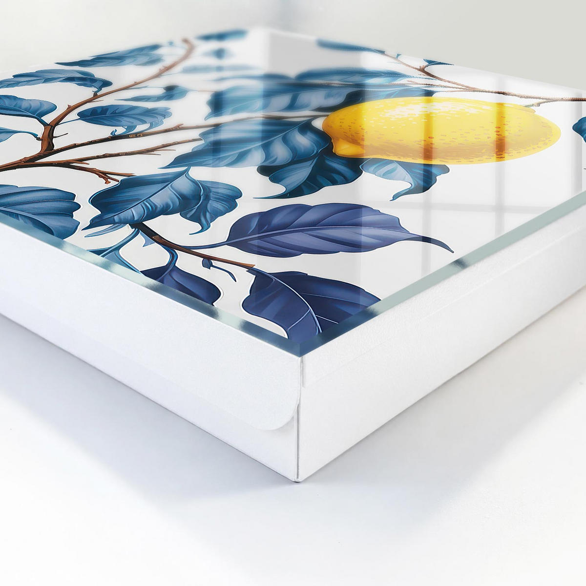 SCHLÜSSELBOX Weiß 30x30 cm – Türöffnung nach rechts - Zitronenblätter - Blau, Metall (30/30/5cm) - TULUP