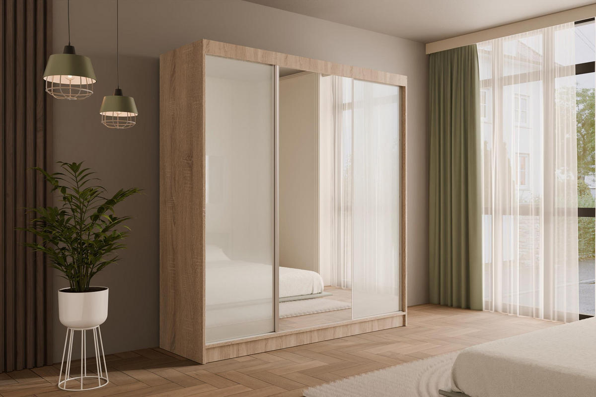 KLEIDERSCHRANK mit Spiegel V2-VITA 215x200 cm - Sonoma Eiche|Weiß - Weiß/Sonoma Eiche, Holzwerkstoff (200/215/61cm) - ALTDECOR