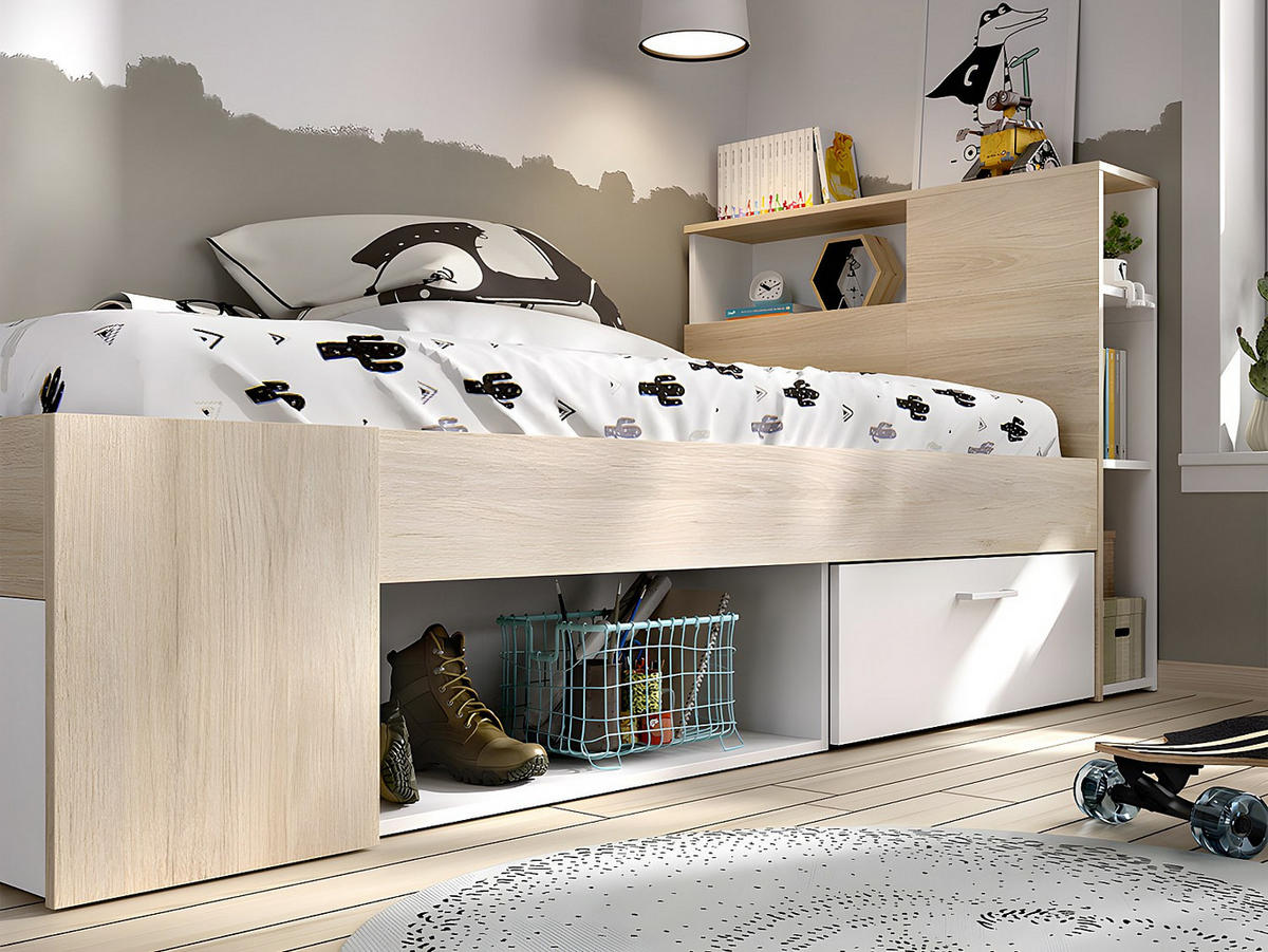 BETT mit Kopfteil, Stauraum & Schublade + Lattenrost - 90 x 190 cm - Weiß und Holzfarben - LEANDRE - Naturfarben, Holz (90/190cm) - Vente-Unique