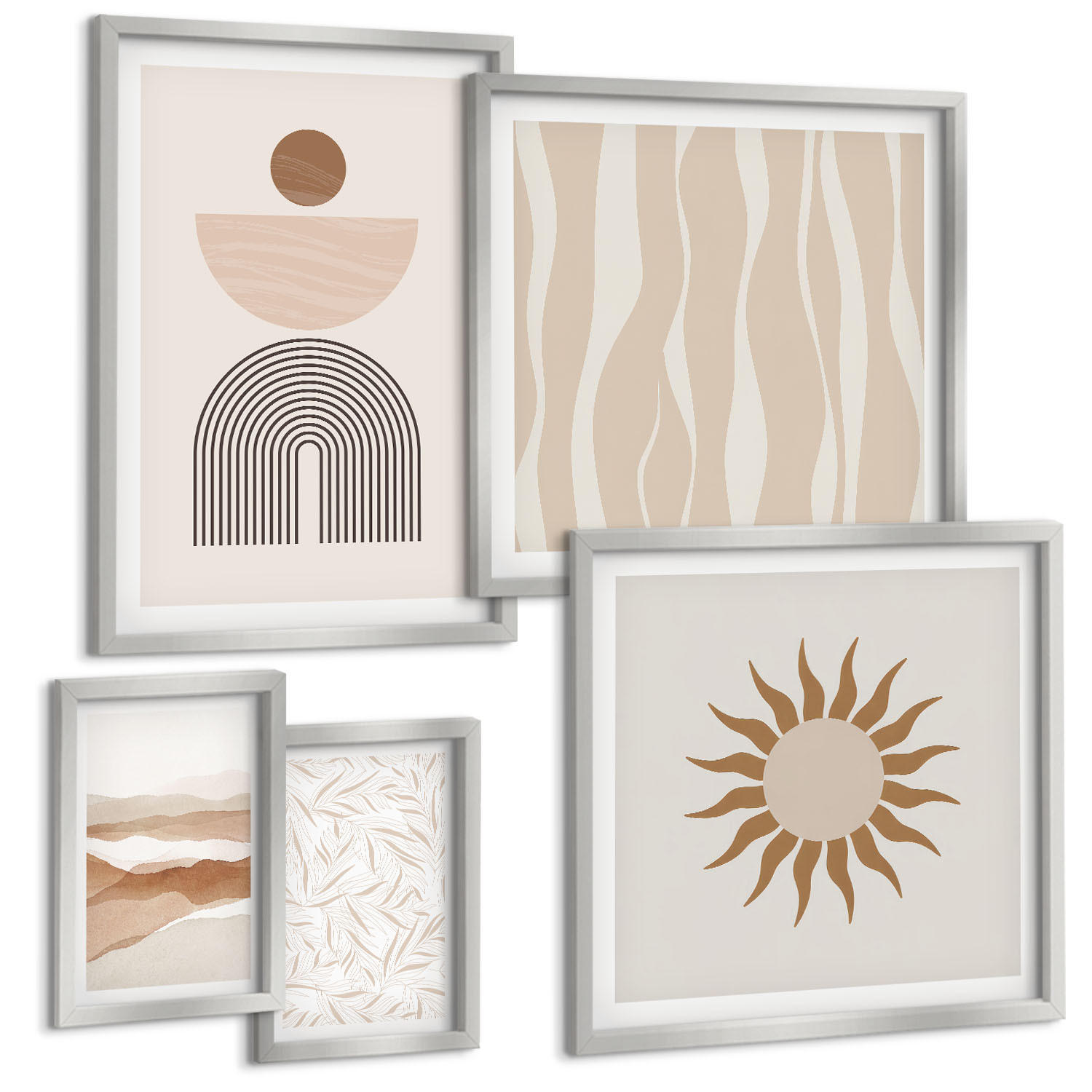 BILDER SET 5er Set - 50x50 cm & 20x30 cm & 40x60 cm Silberner Rahmen - Abstrakte Landschafts- und Naturgeometrie - Silberfarben, Kunststoff (40/60cm) - TULUP