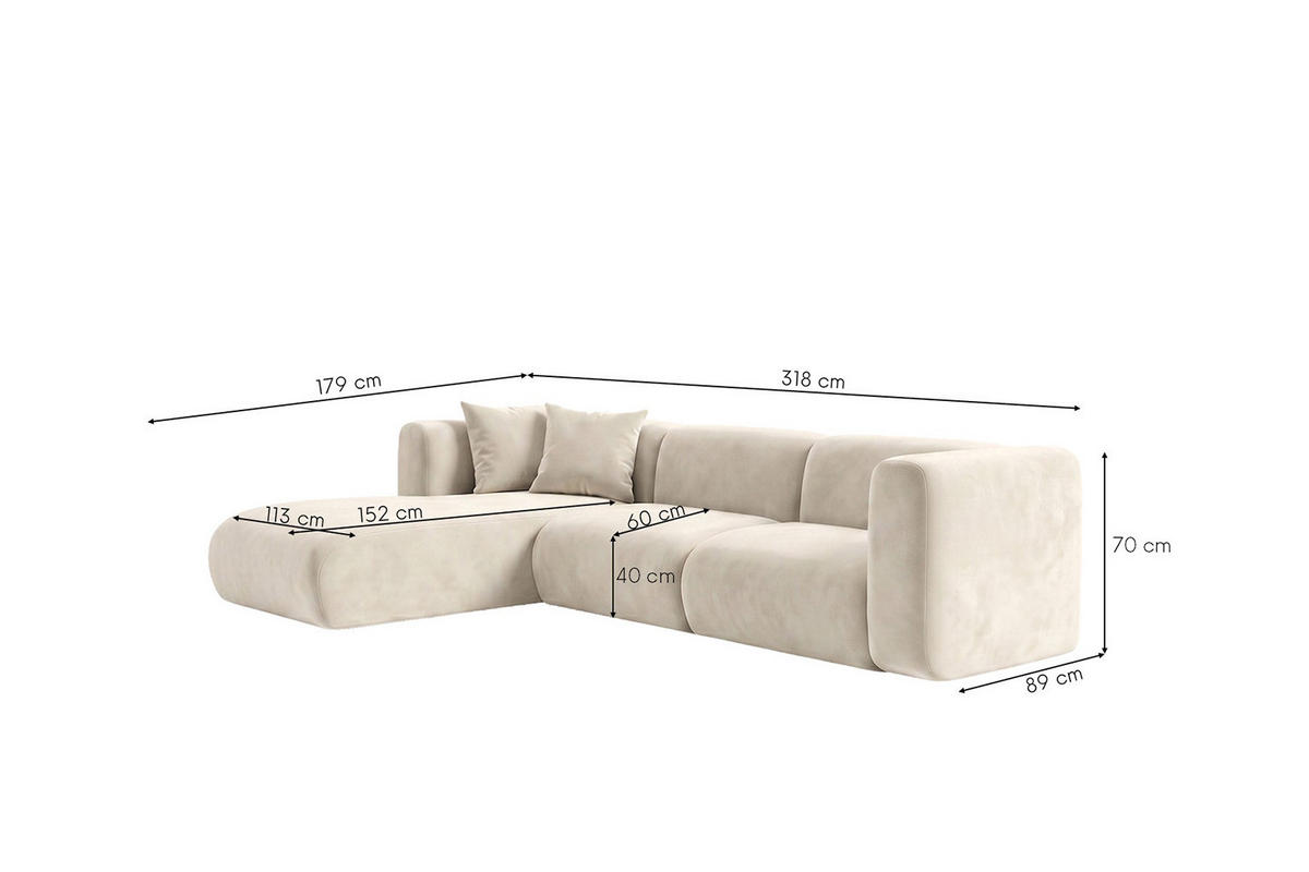 ECKSOFA L-Form, Velvet-Stoff Bluvel, Creme, Links, GRETA - Creme, Holz (318/179cm) - Kaiser Möbel