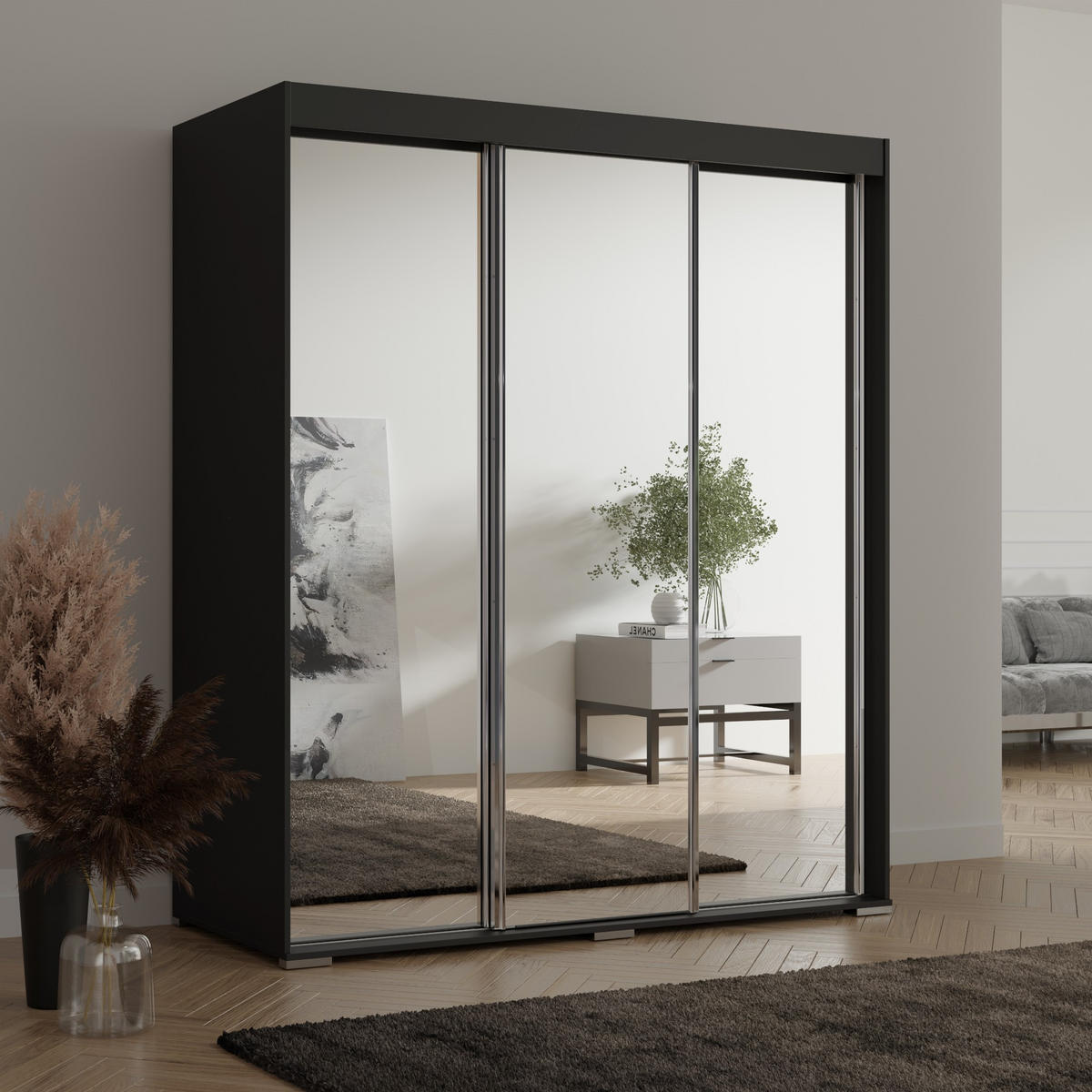 SCHIEBETÜRENSCHRANK mit Schubladen und Spiegel Como 3D3L 180 Schwarz - Silberfarben/Schwarz, Holzwerkstoff/Metall (180/208/67cm) - mzm24