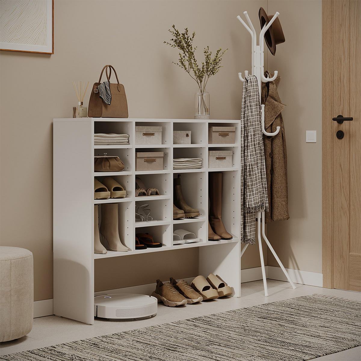 SCHUHSCHRANK Hermia, Weiß, 104.2 x 99 cm mit 16 offenen Fächern - Weiß, Holzwerkstoff (104.2/99/32.1cm) - Vicco