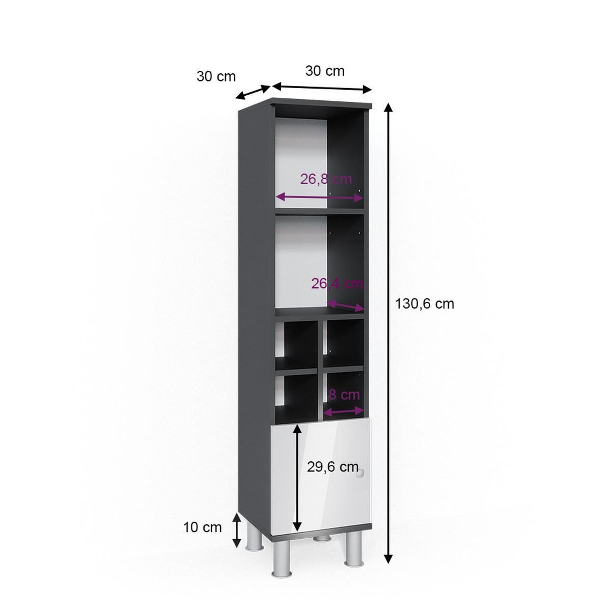 MIDISCHRANK Fynn Weiß Hochglanz 30 x 130.6 cm kleine Tür - Weiß Hochglanz, Holzwerkstoff (30/130.6/30cm) - Vicco