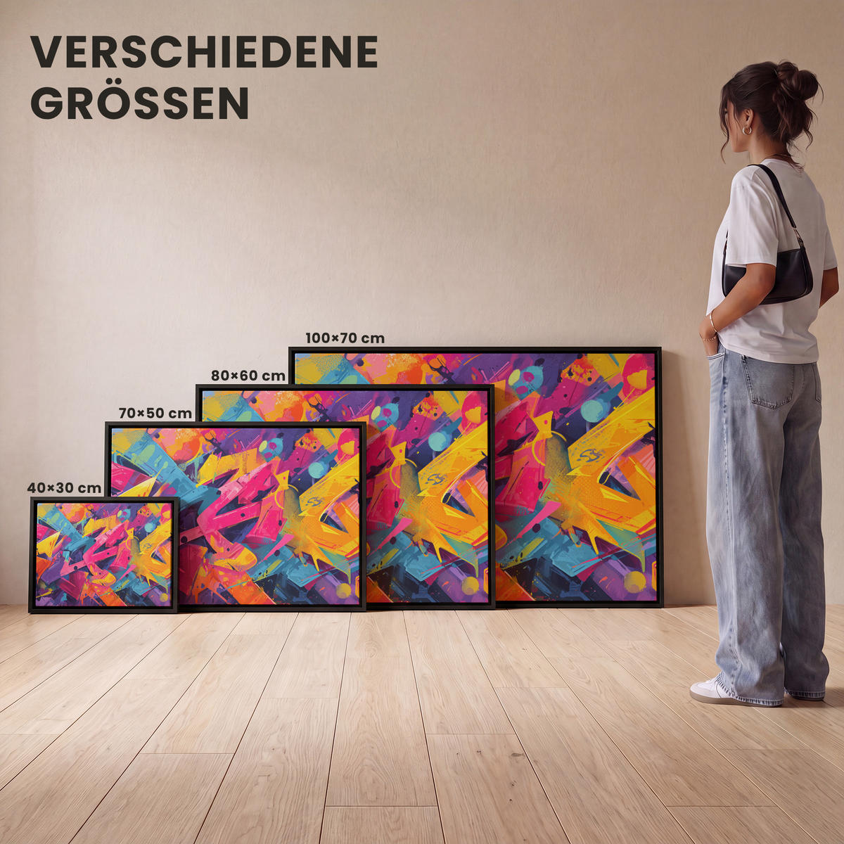LEINWAND Bilder mit Rahmen - Abstrakt - Formen - Farbenfroh - 100x70 - Magenta, Textil (100/70cm) - MuchoWow