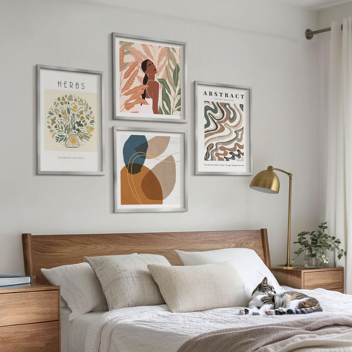 BILDER SET 4er Set - 50x50 cm & 40x60 cm Silberner Rahmen - Boho-Ästhetik, Pastellposter - Silberfarben, Kunststoff (50/50cm) - TULUP