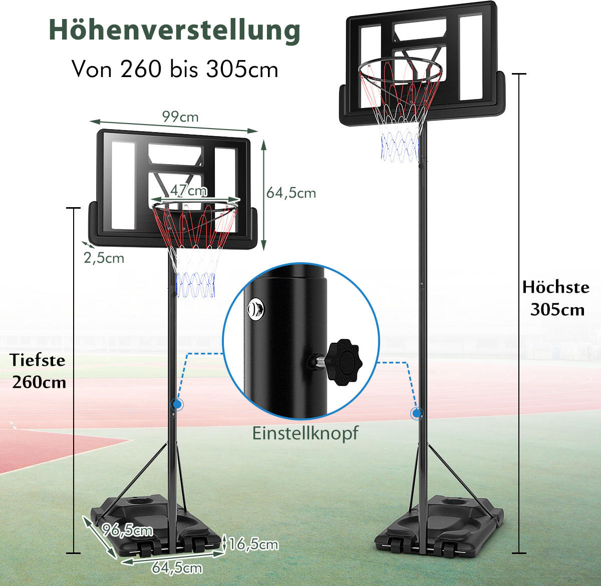 HÖHENVERSTELLBARER BASKETBALLKORB Schwarz - Schwarz, Kunststoff (65/97cm) - COSTWAY