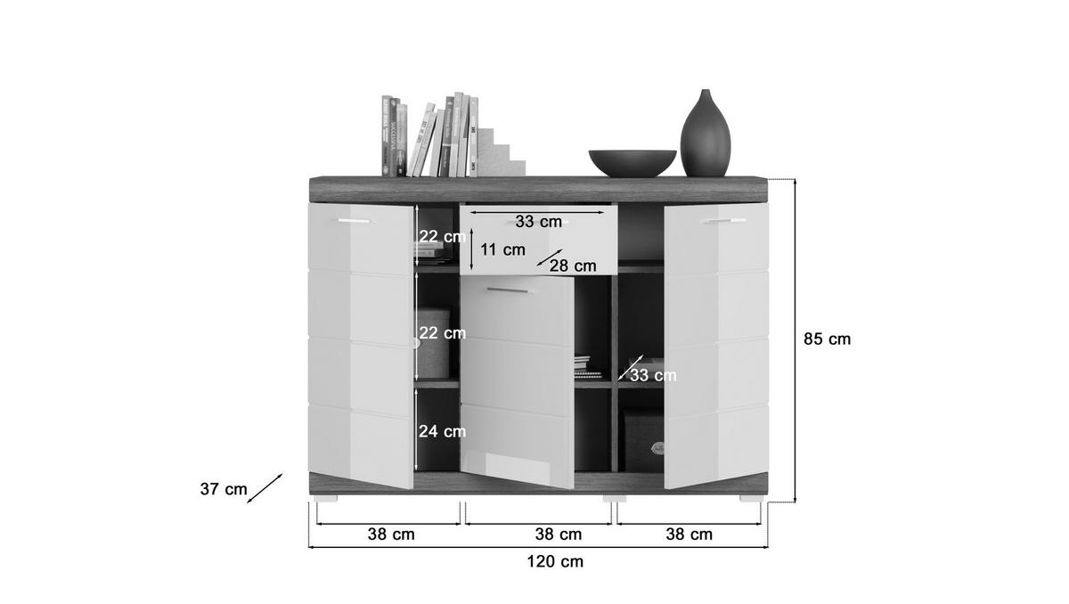 KOMMODE SCOUT (B/H/T: ca. 120/85/37 cm) in Rauchsilber Nachbildung/weiß hochglanz - Silberfarben, Holzwerkstoff (120/85/37cm)