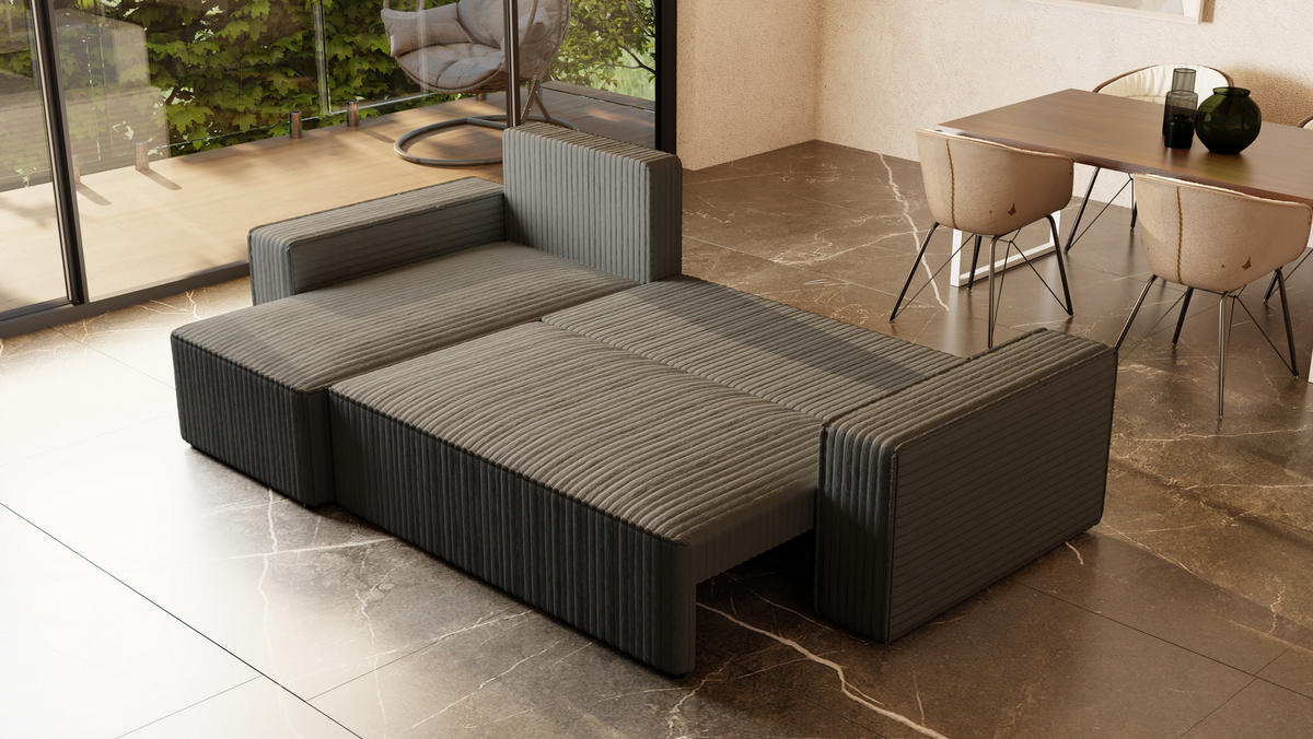 ECKSOFA Tobi mit Bettkasten und Schlaffunktion, L-Form/XL-Form, Cordstoff, Universal - Grau, Holzwerkstoff (246/145cm) - 4ALL HOME