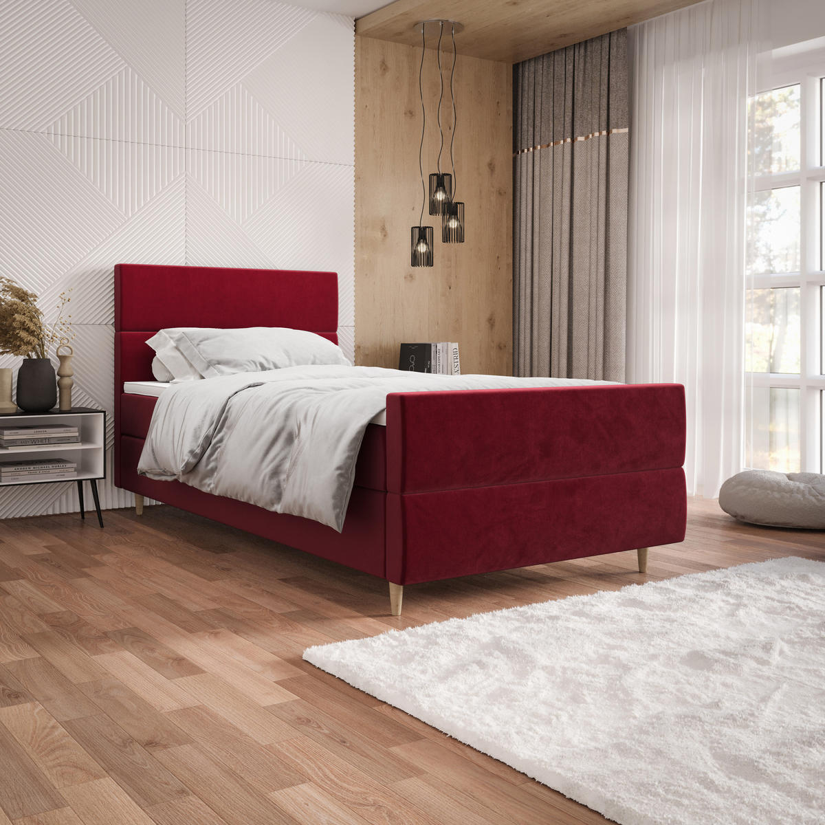 BOXBETT FLO PLUS 100x200 Itaka 34, mit Matratze H3, Bonell und Topper, Rot - Rot, Holz/Textil (100/200cm) - Bedante
