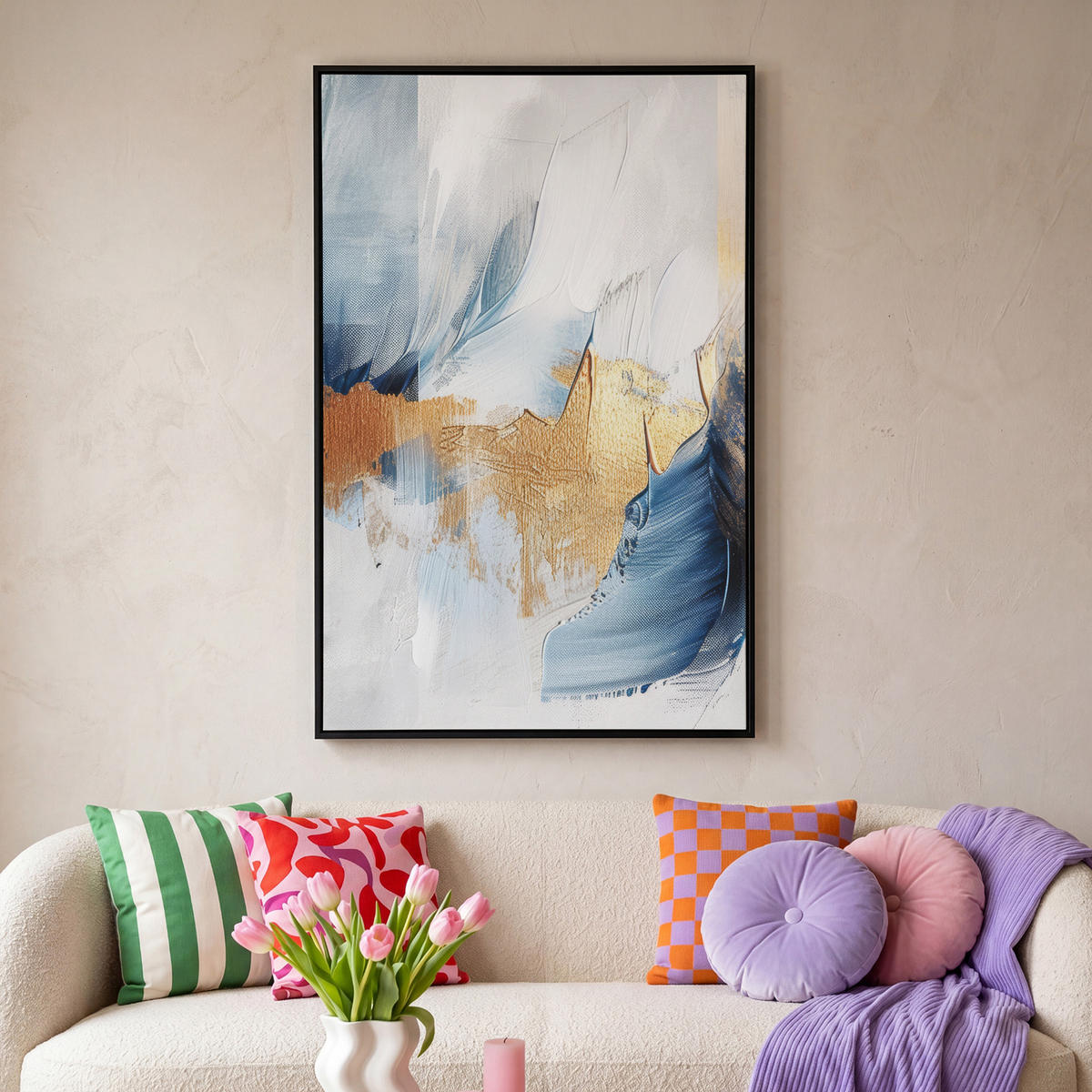 LEINWAND Bilder mit Rahmen - Gold - Blau - Aquarell - Kunst - Modern - 80x120 - Hellblau, Textil (80/120cm) - MuchoWow