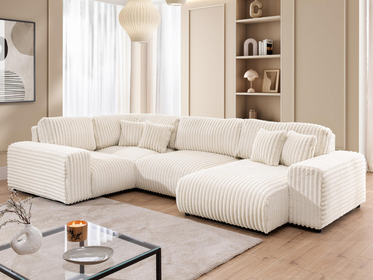 WOHNLANDSCHAFT Mollis Hellbeige Plüschcord im XXL-Format - Ottomane Rechts - Beige/Schwarz, Holz/Kunststoff (316/77/194cm) - S-Style Möbel