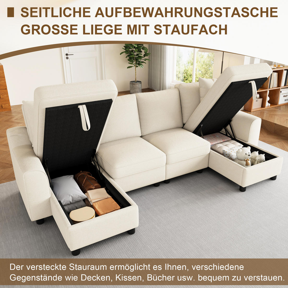 WOHNLANDSCHAFT Chenille Beige mit Stauraum und mit Kissen - Beige, Holzwerkstoff/Kunststoff (280/84/173cm) - WISHDOR