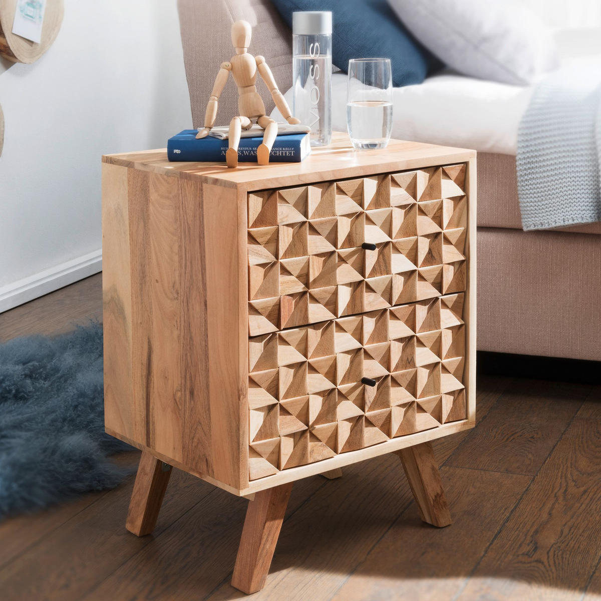 NACHTTISCH – Massivholz, 2 Schubladen, handgefertigt, moderner Landhausstil - Beige, Holz/Metall (44/61/35cm) - KADIMA DESIGN