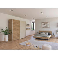 SCHLAFZIMMER Monza in Eiche Artisan und Beige mit Bettanlage 160x200cm, 2 Nachttischen und Schwebetürenkleiderschrank 4türig ohne Spiegel - Braun, Holzwerkstoff (80/200/120cm)