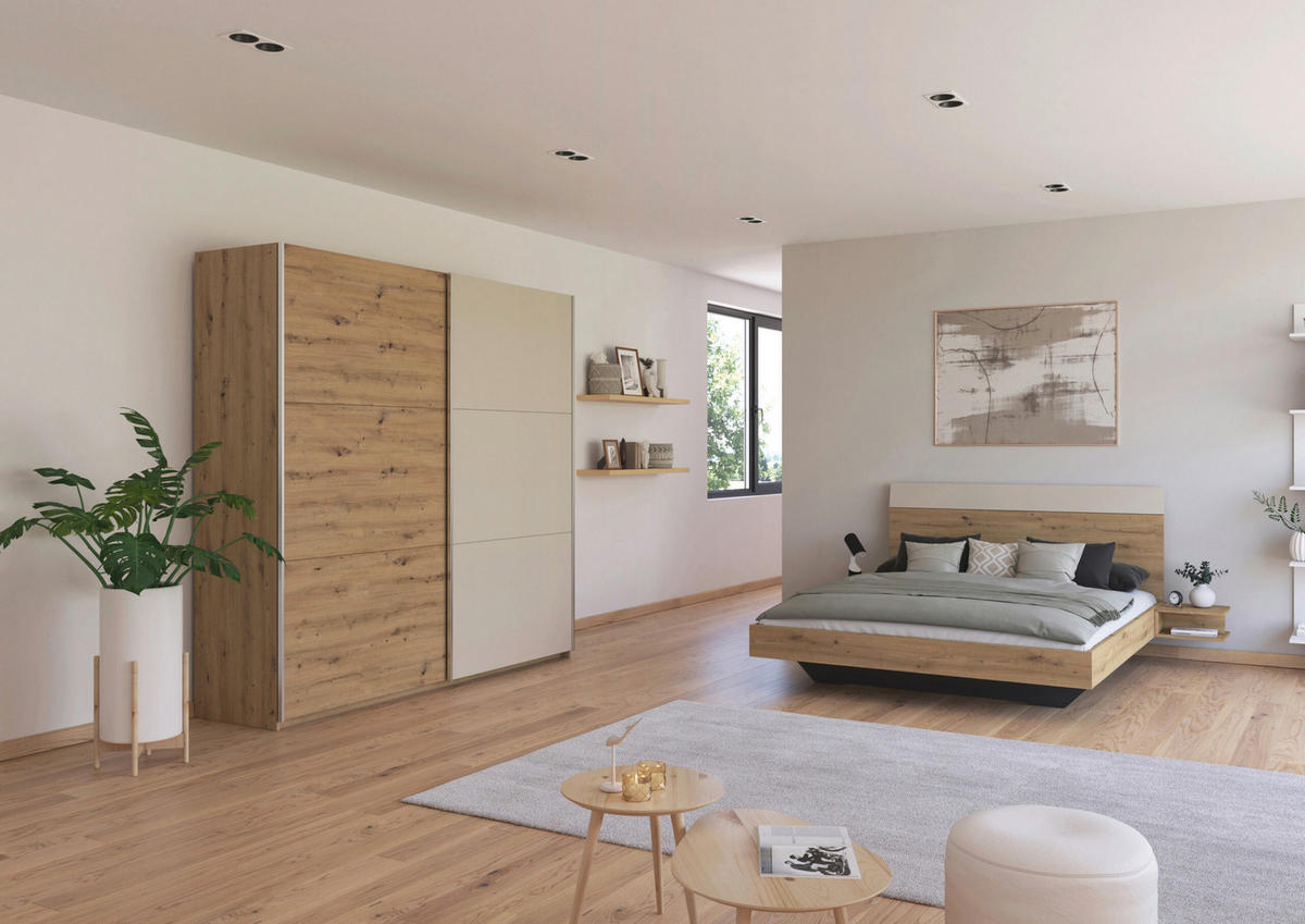 SCHLAFZIMMER Monza in Eiche Artisan und Beige mit Bettanlage 160x200cm, 2 Nachttischen und Schwebetürenkleiderschrank 4türig ohne Spiegel - Braun, Holzwerkstoff (80/200/120cm)
