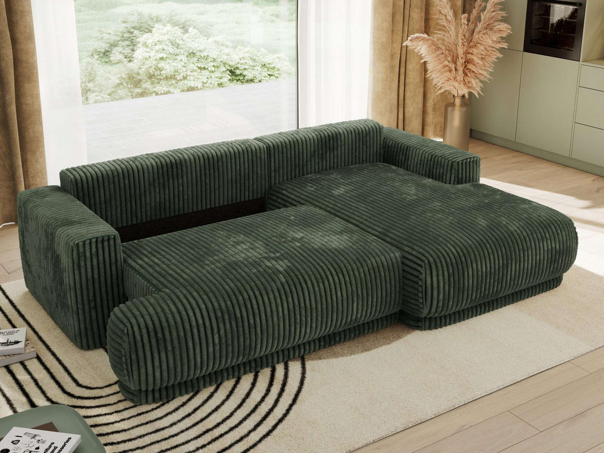 ECKSCHLAFSOFA RINA L Dunkelgrün Cord - rechts - Dunkelgrün/Schwarz, Kunststoff/Textil (170/267cm) - MKS