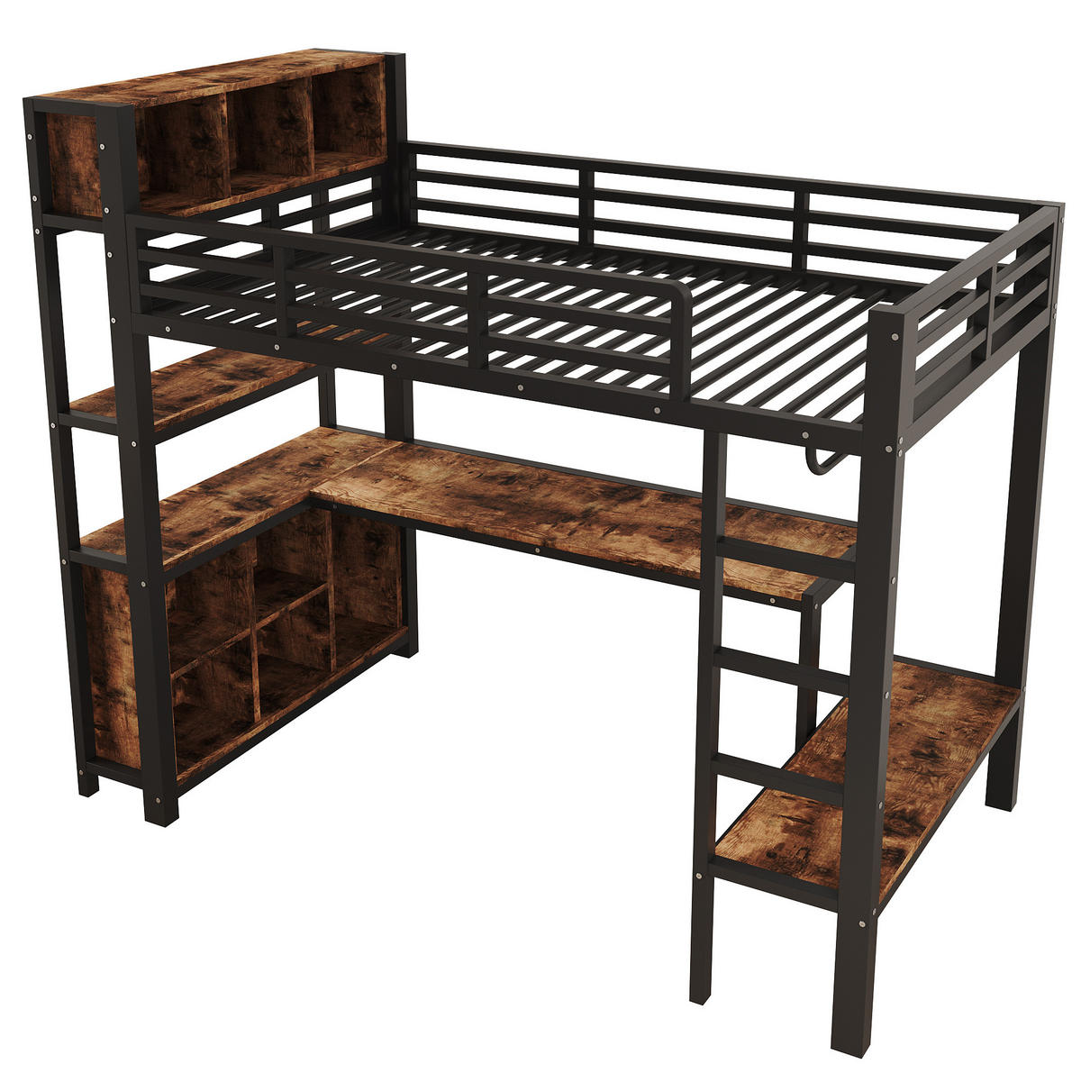 HOCHBETT 90x200 cm in Schwarz mit Schreibtisch, Kleiderstange und Regalen - Schwarz, Holzwerkstoff (90/200cm) - IVMEU