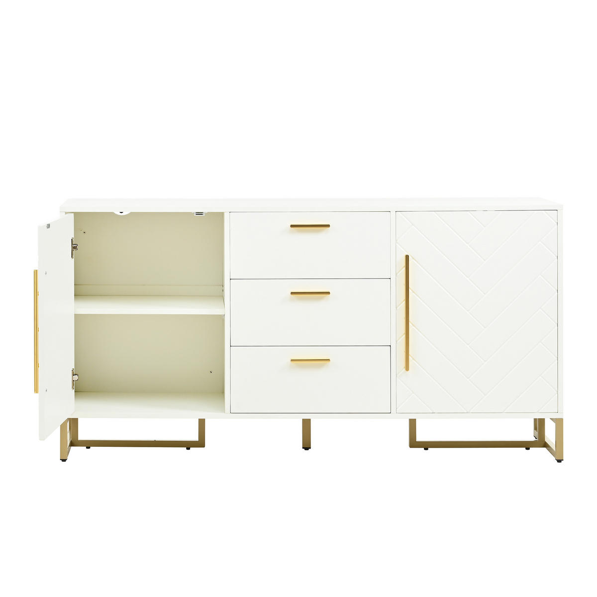 SIDEBOARD 145/40/75 cm weiß aus MDF-Holzwerkstoff mit Fischgrätenmuster und 3 Schubladen - Weiß, Holzwerkstoff (145/75/40cm) - OKWISH