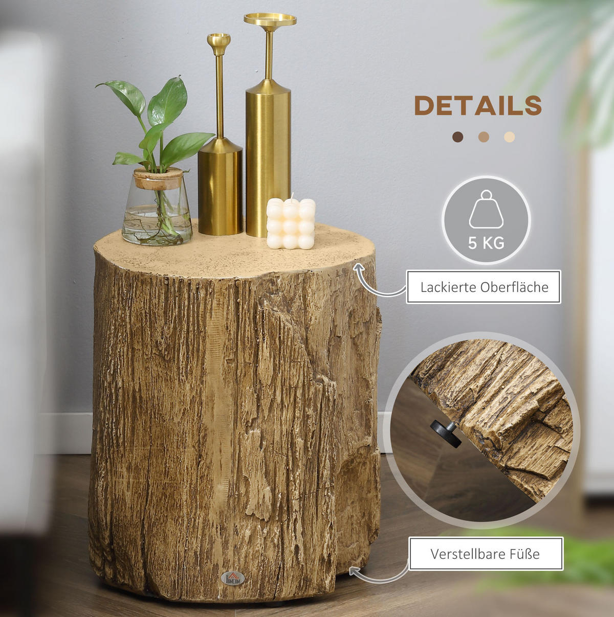 BEISTELLTISCH 37/43 cm in Holzstammoptik aus Beton, wasserdicht und höhenverstellbar - Naturfarben, Stein (37/37/43cm) - Flora Grace