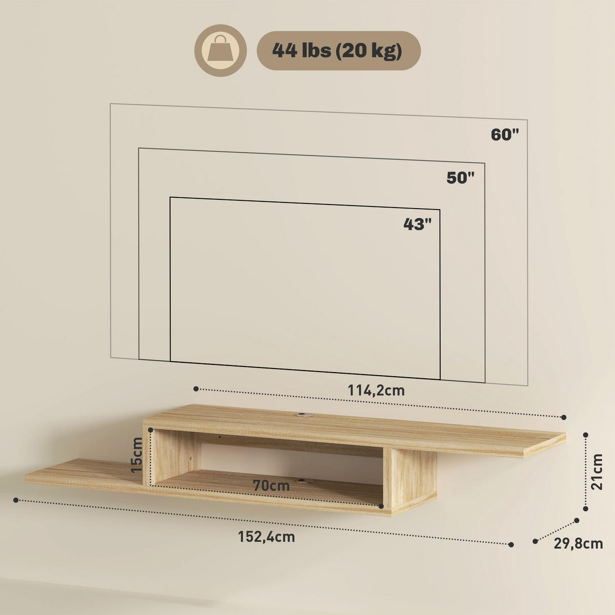 LOWBOARD DE-16074 Schwebend mit Nische und 2 Kabeldurchlässen Eiche hell - Eichefarben, Holzwerkstoff (152/21/29cm) - ComfortXL