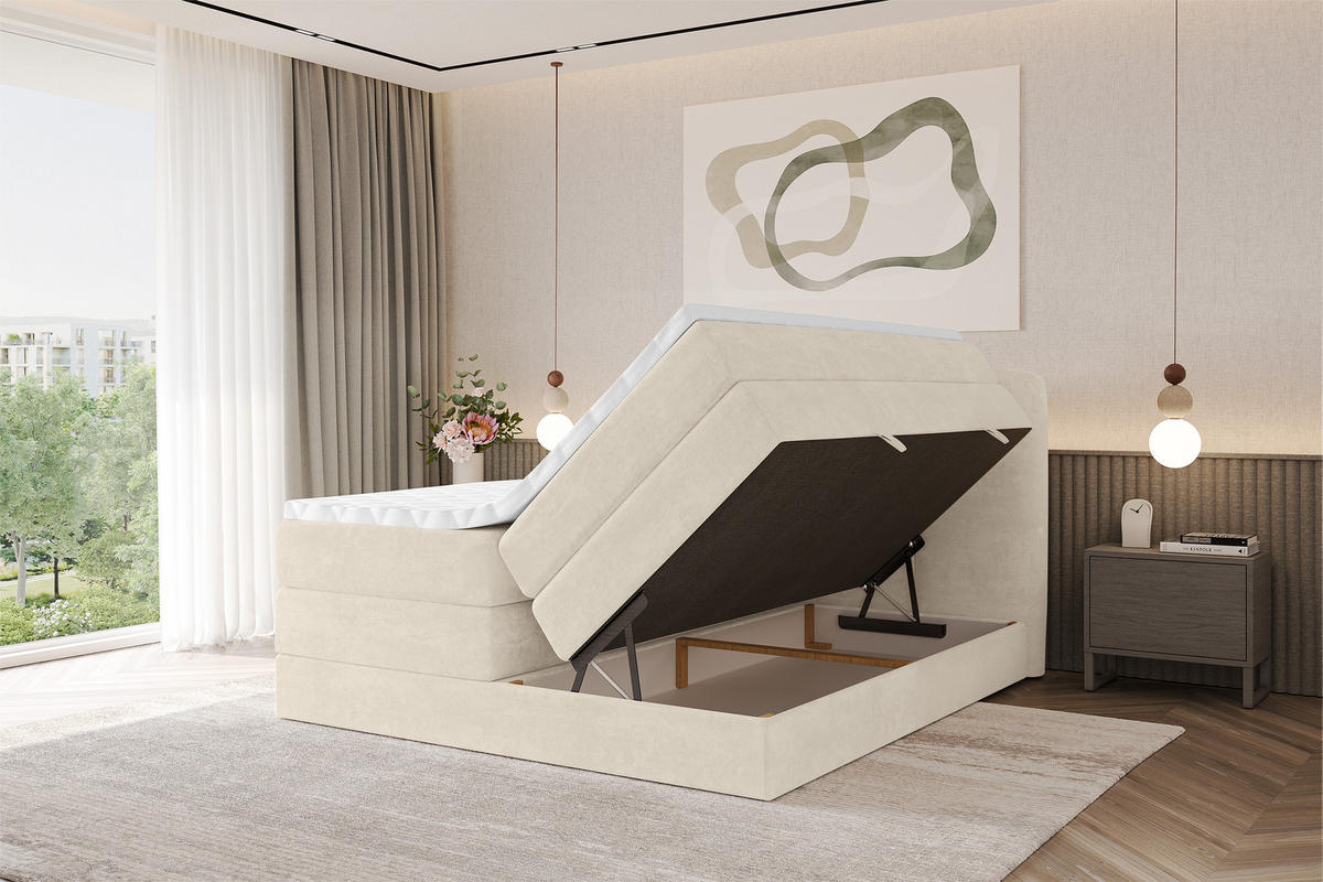 BOXBETT mit Matratze H3|H4 - NINA KING - 160x200 cm - Beige - Sahara, Holzwerkstoff (160/200cm) - ALTDECOR