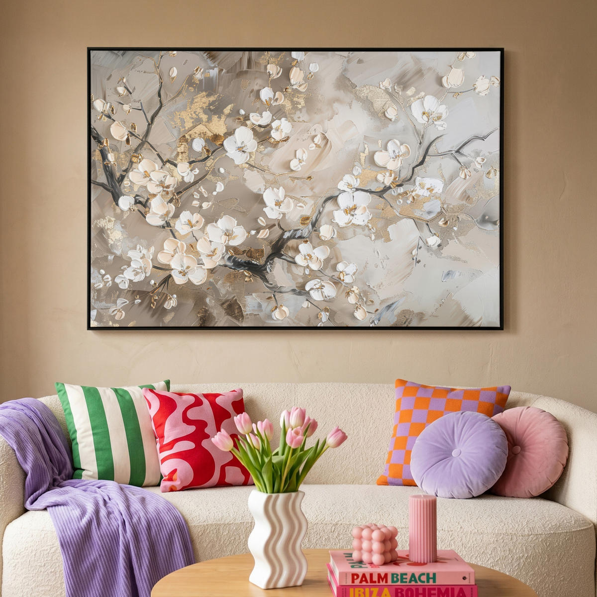 LEINWAND Bilder mit Rahmen - Blumen - Weiß - Gold - Beige - Luxus - 140x90 - Greige, Textil (140/90cm) - MuchoWow