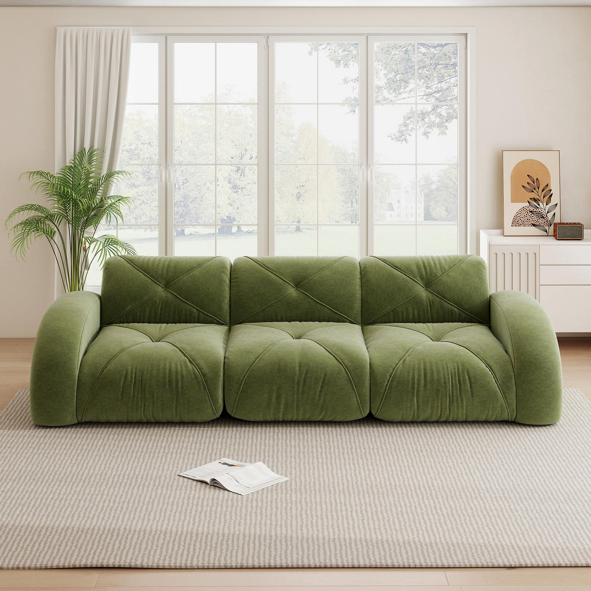 3-SITZER Sofa 281×95×76 cm Chenille rahmenlos modular, grün - Grün, Textil (95/76/281cm)