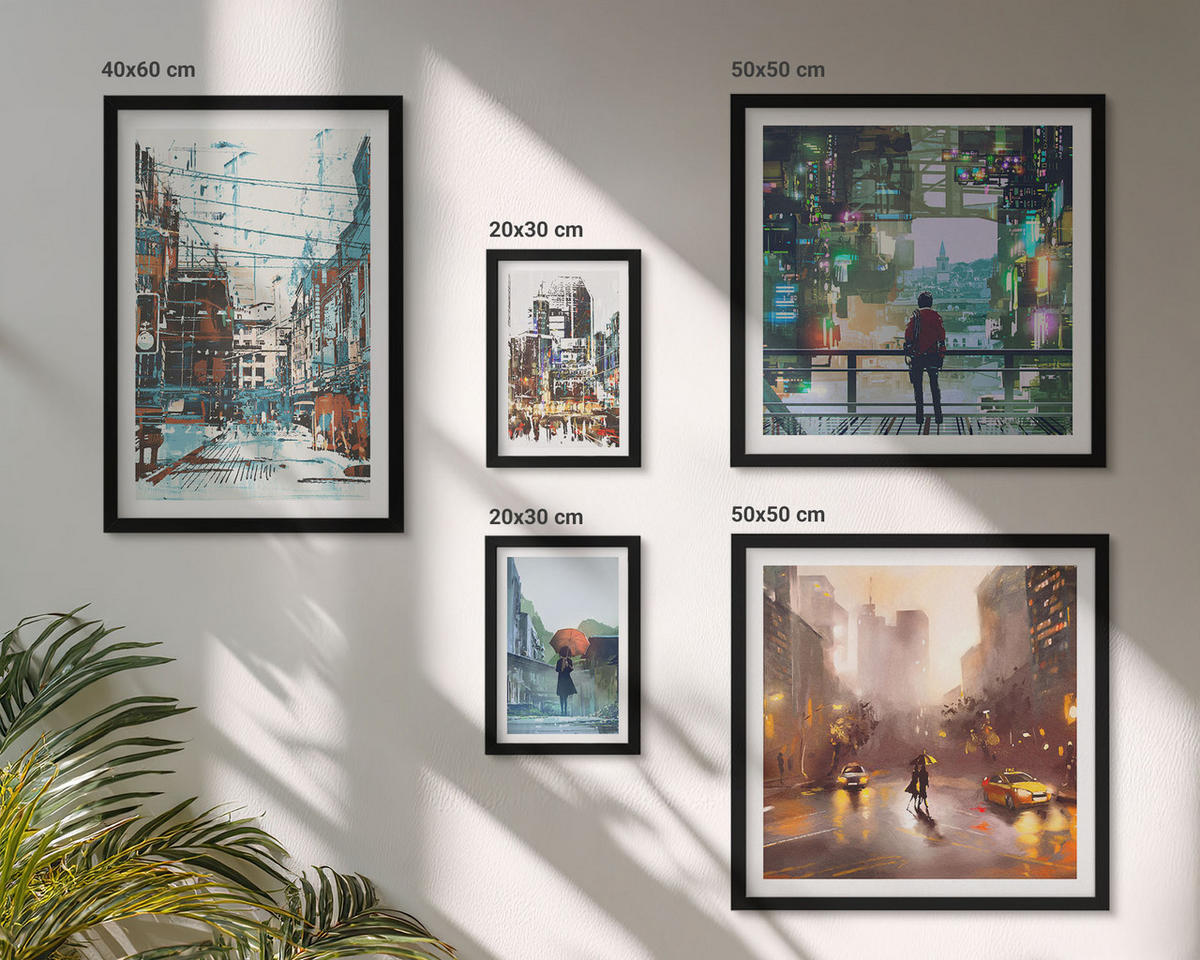 BILDER SET 5er Set - 50x50 cm & 20x30 cm & 40x60 cm Schwarzer Rahmen - Moderne, farbenfrohe Städte mit Charakteren - Schwarz, Kunststoff (40/60cm) - TULUP
