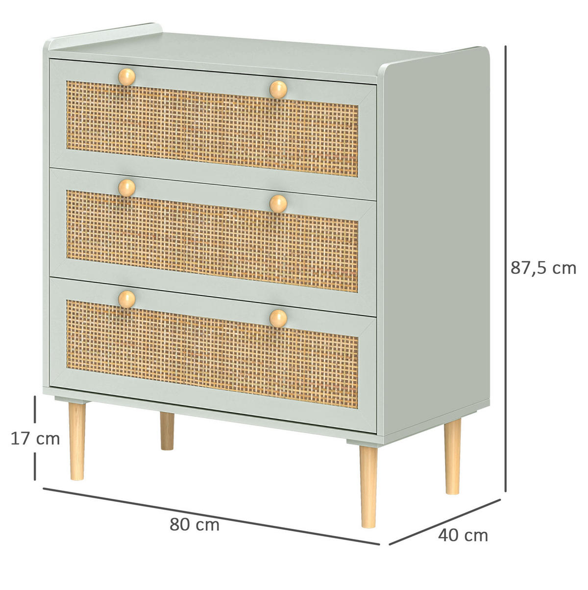 KOMMODE 80/40/87,5 cm in Hellblau mit 3 Schubladen in Rattanoptik - Hellblau, Holzwerkstoff (80/87.5/40cm) - BEAOK