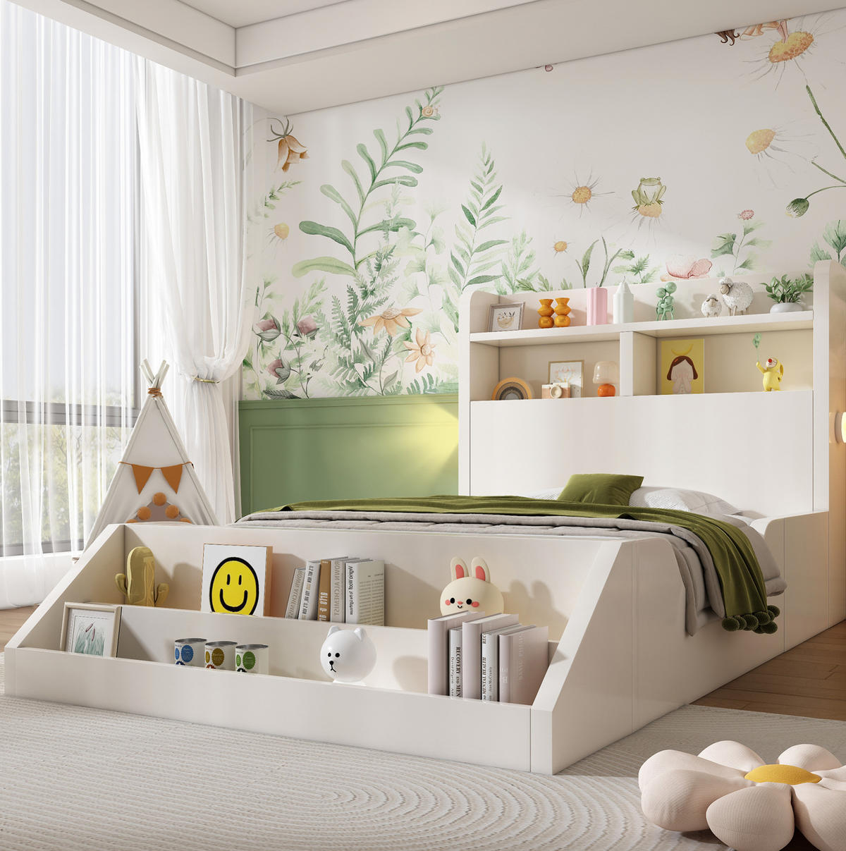 KINDERBETT 90/200 cm in Weiß mit Bücherregal und Nachtlichtern - Weiß, Holzwerkstoff (90/200cm) - Flora Grace