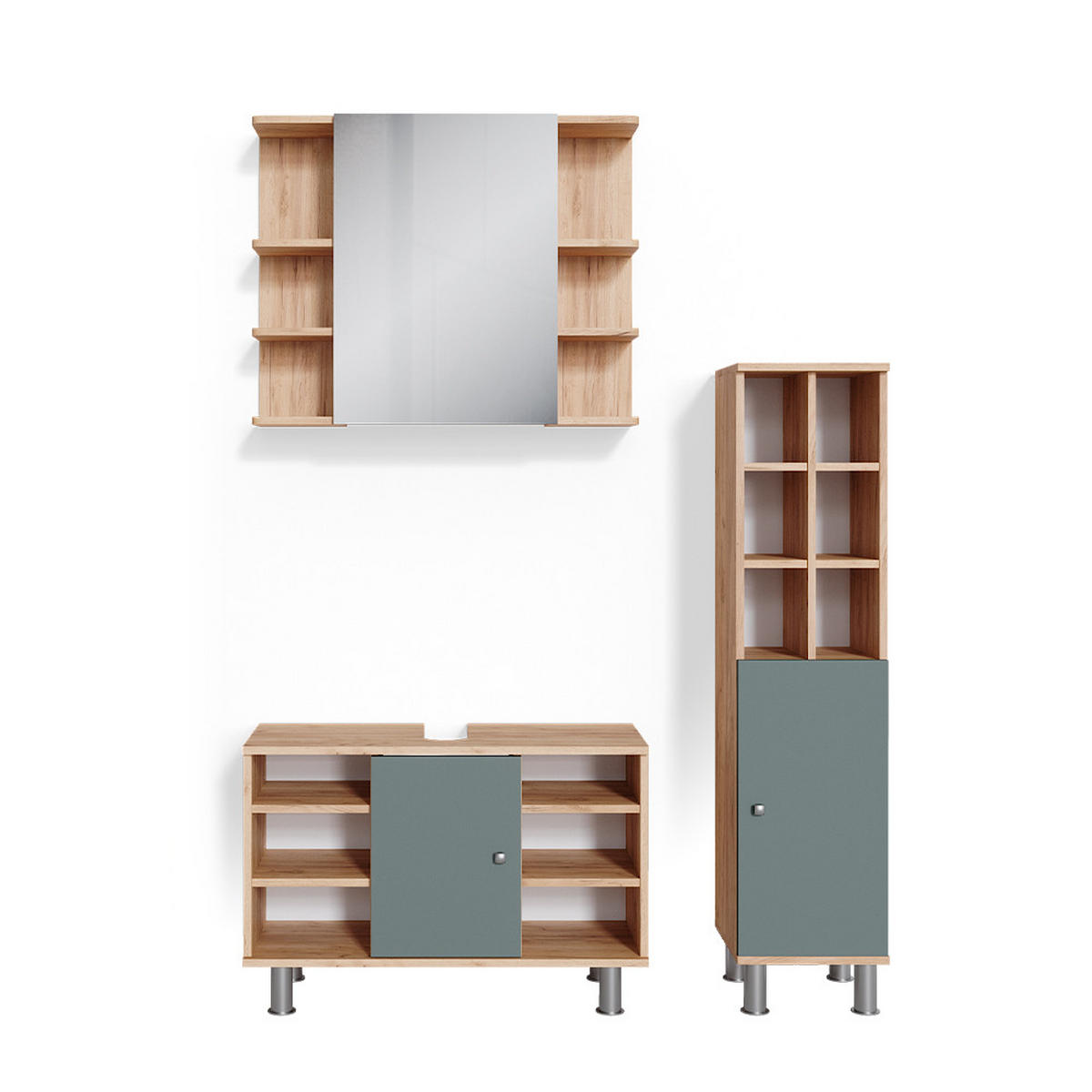 BADMÖBEL-SET Fynn Grün 3 Teile, mit Midischrank Tür groß - Honigeiche/Grün, Holzwerkstoff (60/54/32cm) - Vicco