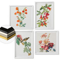 WANDBILDER 4er-Set - 50x50 cm & 40x60 cm Weißer Rahmen - Gemalte Blumen, Retro-Vogel - Weiß, Kunststoff (50/50cm) - ArtPrintCave
