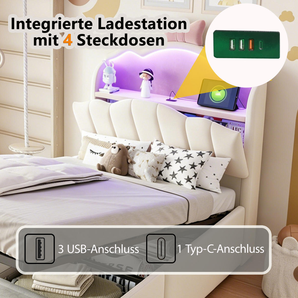 POLSTERBETT 90x200cm Samt LED USB Hydraulik Stauraum Beige - Beige, Metall (90/200cm) - FLIEKS