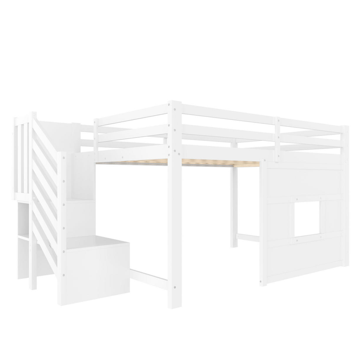 HOCHBETT 140/200 cm aus Kiefer, MDF und Sperrholz mit Stauraumtreppe und LED-Beleuchtung Weiß - Weiß, Holzwerkstoff (140/200cm) - Modenvie