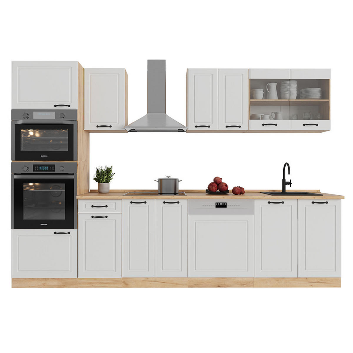 KÜCHENZEILE R-Line Weiß Landhaus/Goldkraft Eiche 300 cm mit Hochschrank, ohne Arbeitsplatte - Honigeiche/Weiß, Holzwerkstoff (300/81.6/46cm) - Vicco