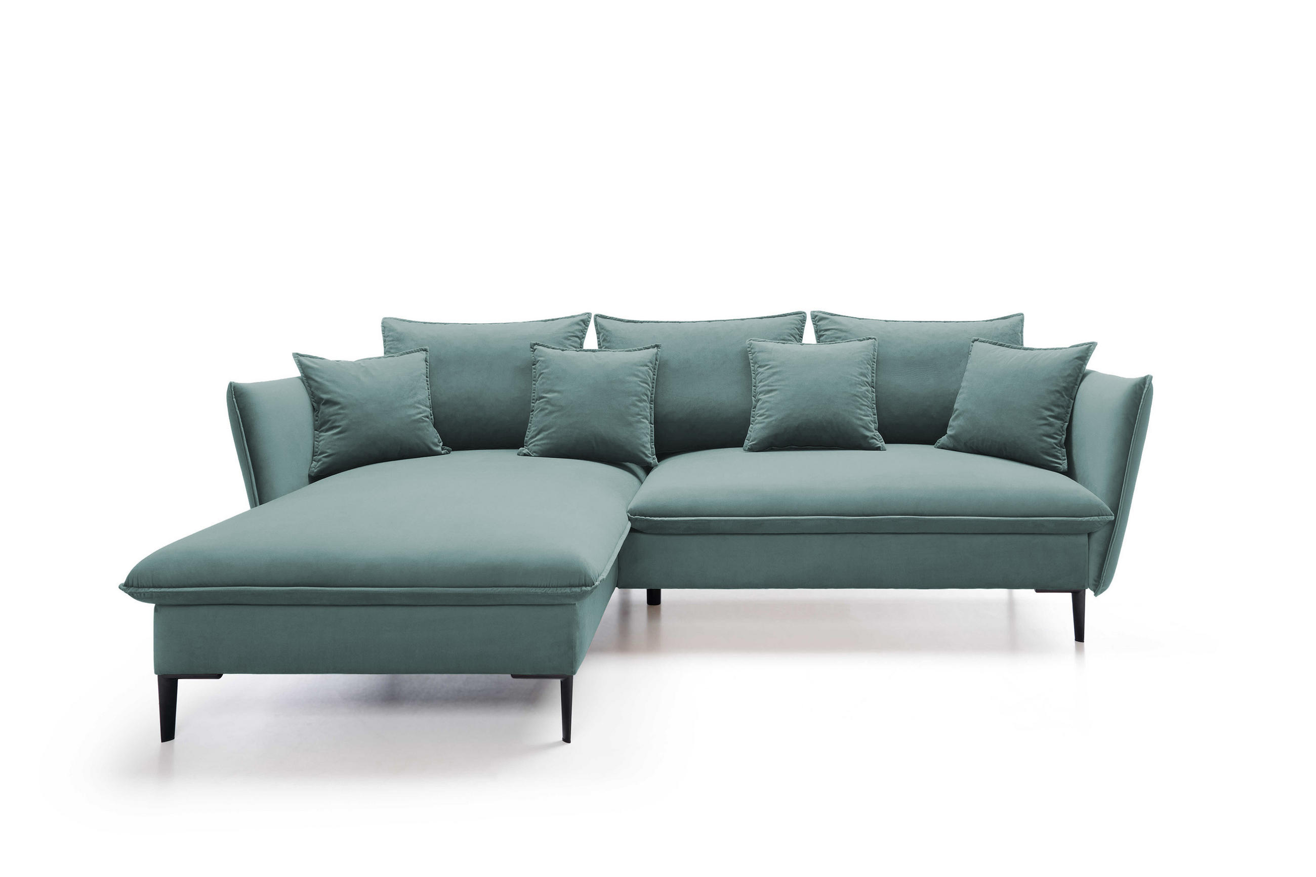 ECKSOFA GLOSS mit Schlaffunktion, Ottomane & goldenen Füßen – Samtsofa im GLOSSour-Stil mit Zierkissen, 258x167x91cm, Linke, BLAU - Hellgrau, Holz/Textil (167/258cm) - DomoHome