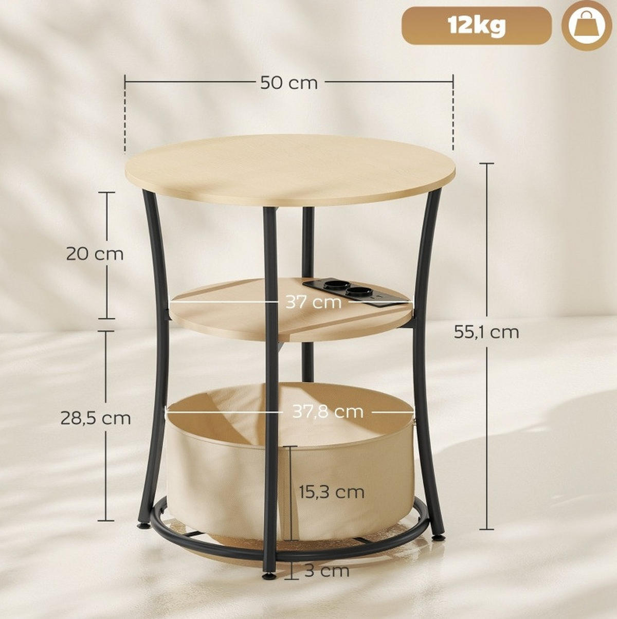 BEISTELLTISCH 50/50/55,1 cm Naturholz aus Holz und Metall mit Steckdosenleiste - Naturfarben, Holz (50/50/55.1cm) - OKWISH
