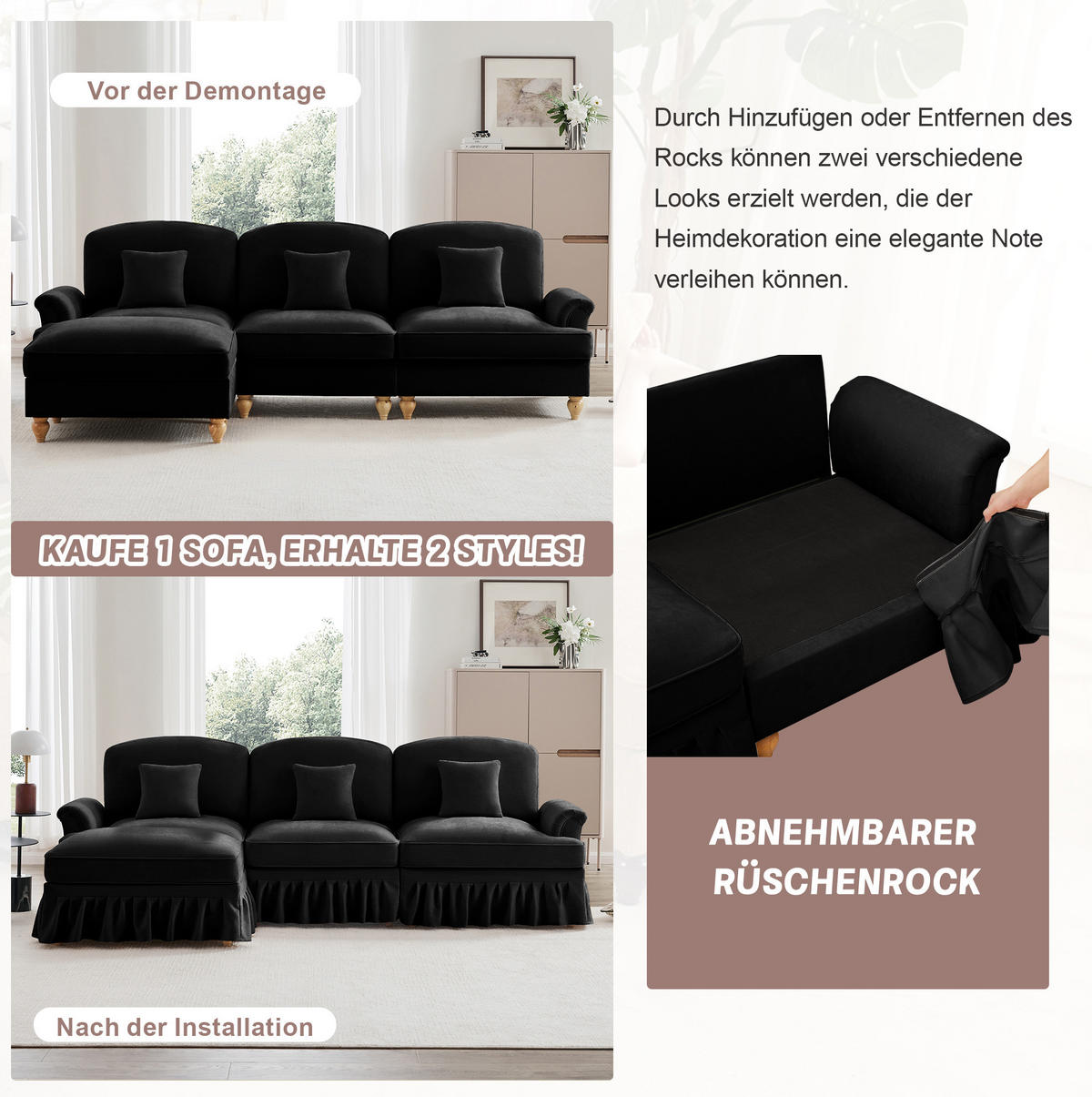 3-SITZER aus Chenille in Schwarz mit abnehmbarem Rüschenrock & 2 Looks - Schwarz, Textil (83.5/93/272cm) - Modfu