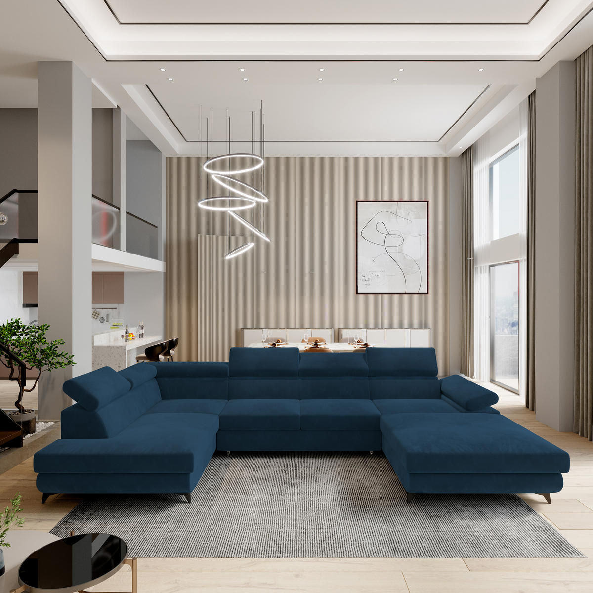 ROHOVÁ SEDAČKA RUBANO modrá - modrá/černá, kov/dřevo (339/190cm) - MASSENO