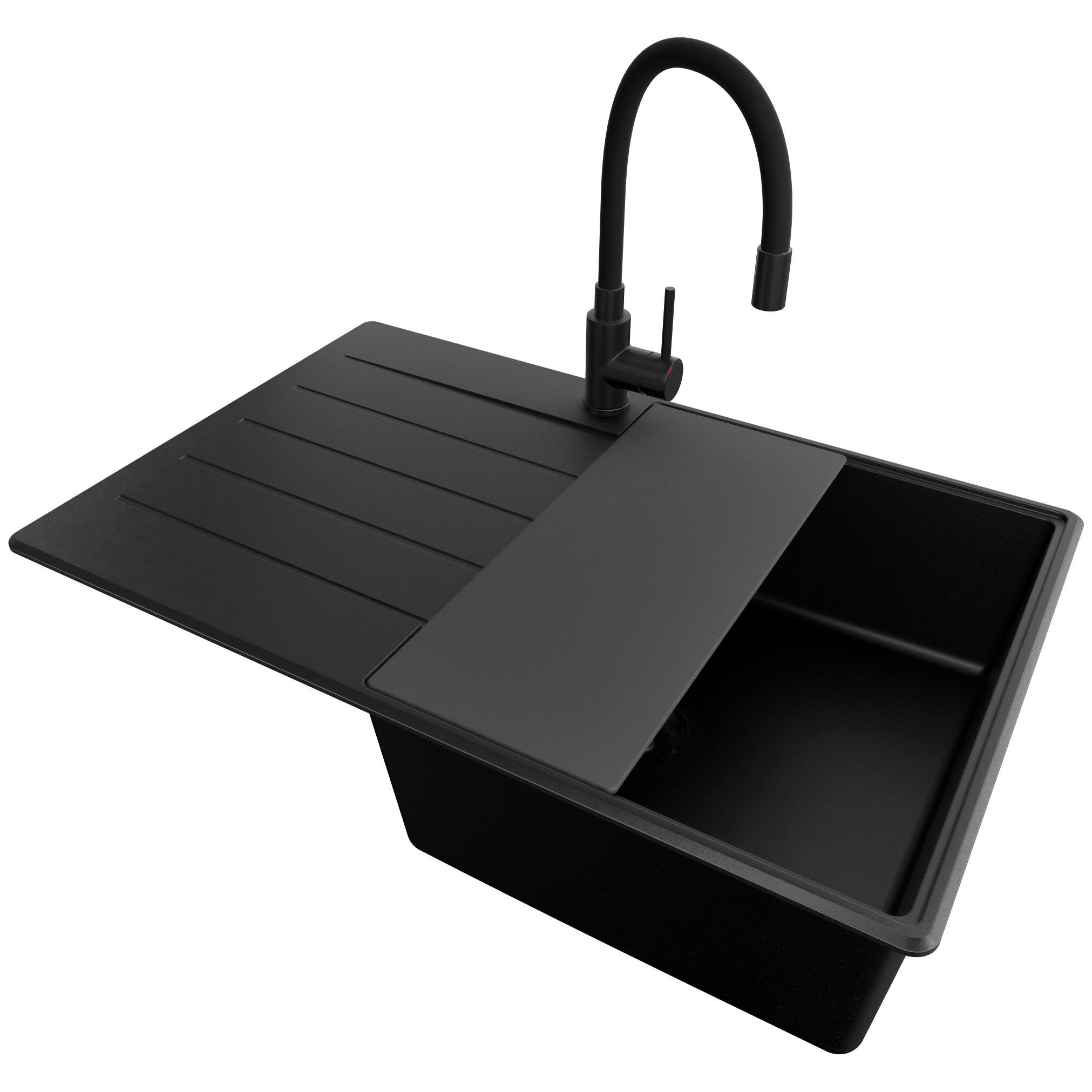 GRANITSPÜLE Kopenhagen, 2-er set Alles Schwarz 78/50 cm 1 Becken + Küchenarmatur 40/38 cm + Ablauf-Set + Schneidebrett ab 50er Unterschrank - Schwarz, Kunststoff (78/20/50cm) - Primagran