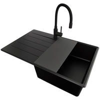 GRANITSPÜLE Kopenhagen, 2-er set Alles Schwarz 78/50 cm 1 Becken + Küchenarmatur 40/38 cm + Ablauf-Set + Schneidebrett ab 50er Unterschrank - Schwarz, Kunststoff (78/20/50cm) - Primagran