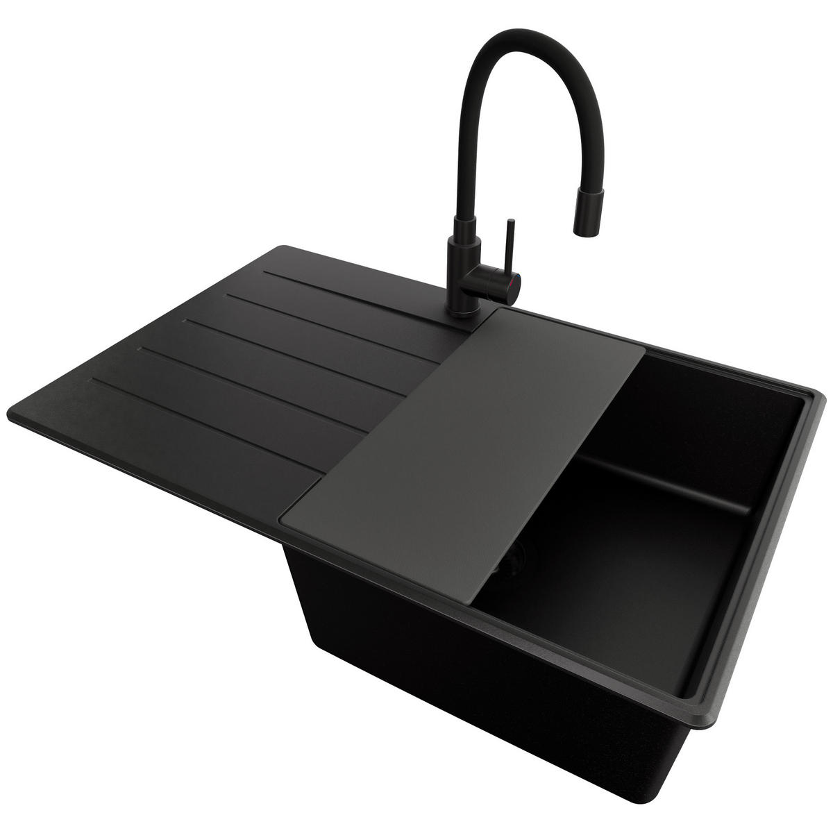 GRANITSPÜLE Kopenhagen, 2-er set Alles Schwarz 78/50 cm 1 Becken + Küchenarmatur 40/38 cm + Ablauf-Set + Schneidebrett ab 50er Unterschrank - Schwarz, Kunststoff (78/20/50cm) - Primagran