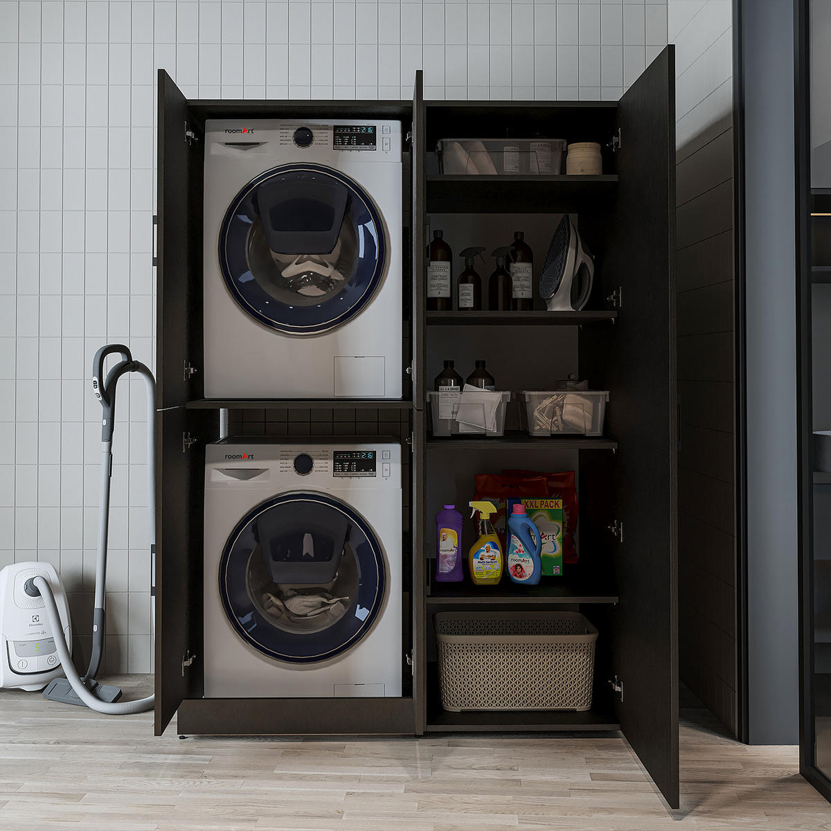 WASCHMASCHINENSCHRANK DORA-II 130cm Breit, 186cm Hoch - Schwarz, Holzwerkstoff (130/186/73.8cm)