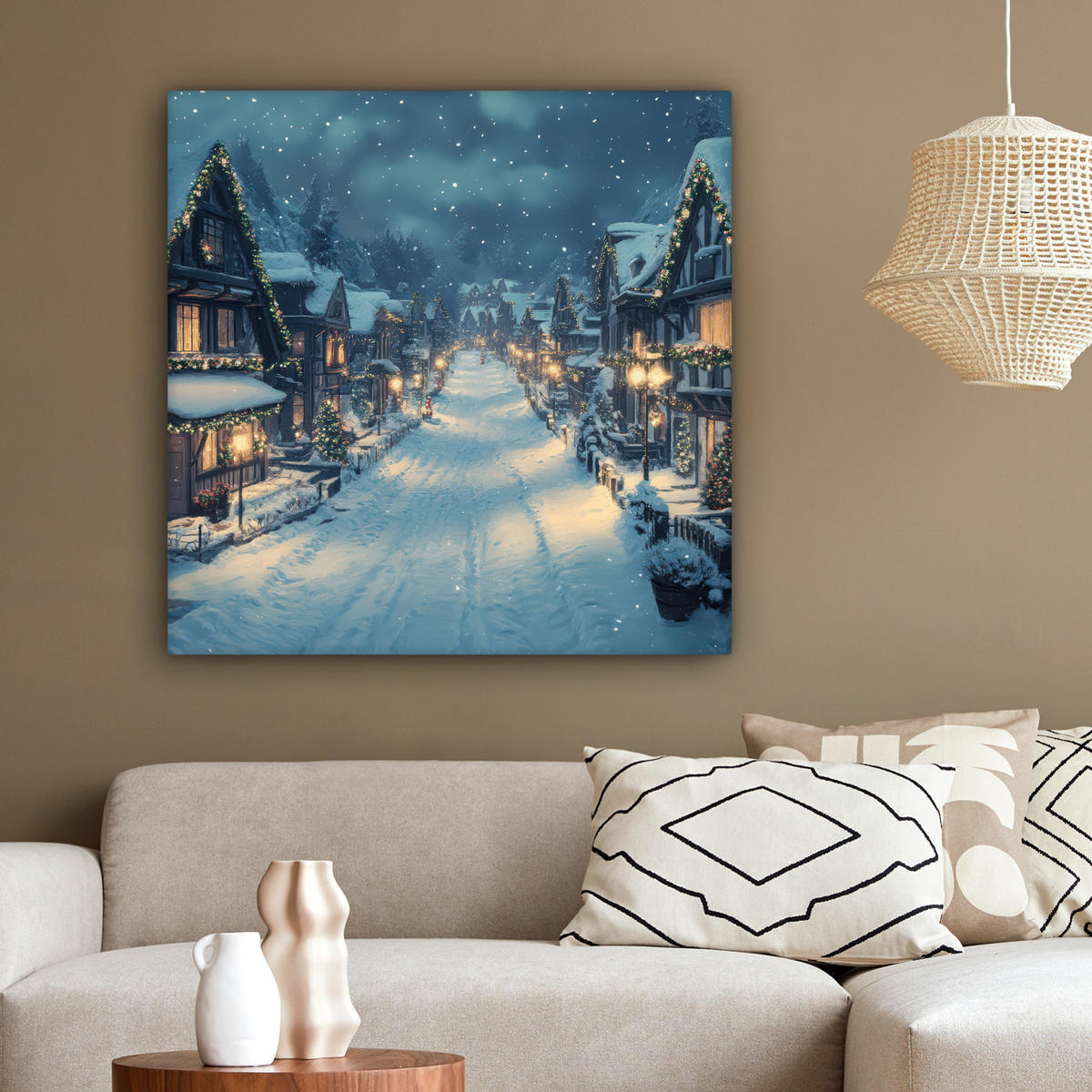 LEINWANDBILD Weihnachtsdorf - Weihnachten - Schnee - Winter 90x90 cm - Dunkelblau, Textil (90/90cm) - MuchoWow