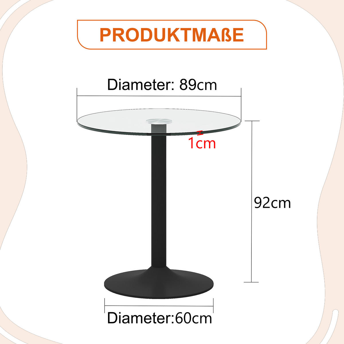 RUNDER Bartisch 89/89 cm, Höhe 92 cm mit Glasplatte und schwarzem Metallgestell - Schwarz, Holzwerkstoff (89/89/92cm) - BEAOK