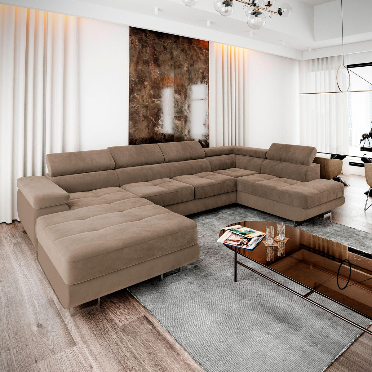 WOHNLANDSCHAFT CASONE R-S Beige Velours-Stoff mit Schlaffunktion - Beige, Holz (345/90/202cm) - MASSENO
