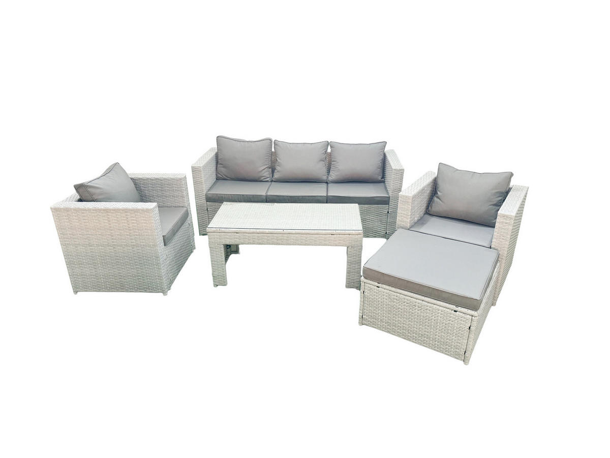 GARTENSET mit 3-SITZER SOFA,COUCHTISCH Polyrattan Hellgrau-Mix 6-Sitzer - Hellgrau/Grau, Glas/Kunststoff - Fimous