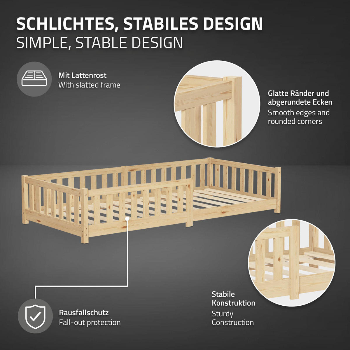 KINDERBETT 90x200 cm Natur aus Kiefernholz - Naturfarben, Holz (90/200cm) - ML-DESIGN