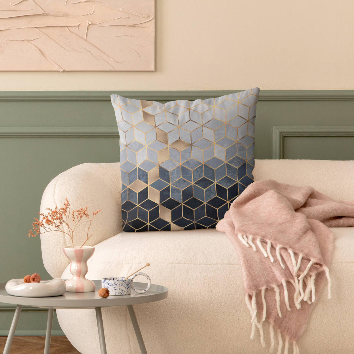 KISSENBEZUG Blau Weiß goldene Geometrie 50/50 cm - Goldfarben, Textil (50/50cm) - Bilderwelten